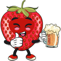 cute strawberry cartoon mascot character carrying a large glass of beer while giving a thumbs up vector illustration, work of hand drawn