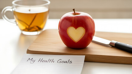Health goals and wellness planning concept with fresh red apple carved heart shape green tea and handwritten note for healthy lifestyle nutrition resolutions