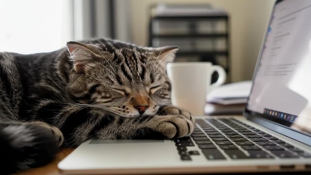 Cute Tabby Cat Napping Comfortably on Laptop Keyboard at Home