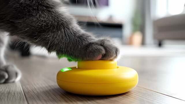 Cat Presses Yellow Button With Paw on Wooden Floor in Living Room