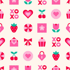 Cute geometric icons seamless pattern design for Valentine's Day background.