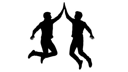 Two men in silhouette giving each other a high five in midair