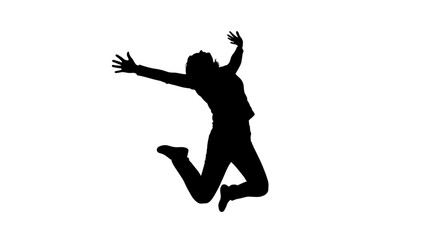 Silhouette of a person jumping in the air with arms outstretched in a joyful and carefree motion