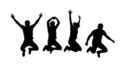 Four people jumping in the air in different poses in black silhouette