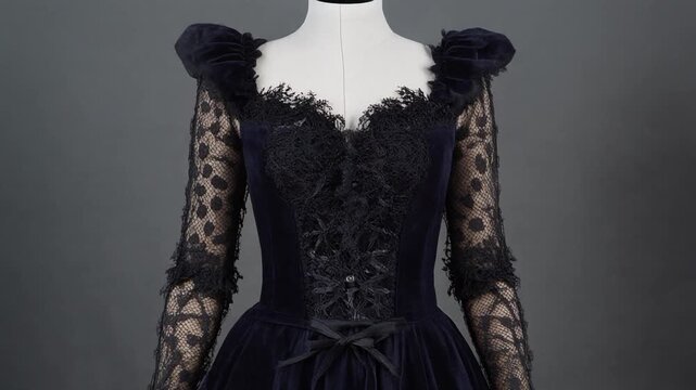 A luxurious dark velvet gown featuring intricate lace sleeves, a corseted bodice, and elegant ruffled shoulders, beautifully displayed on a mannequin, symbolizing classic fashion