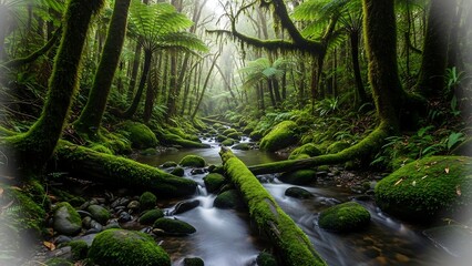 Serene forest stream with mossy banks.