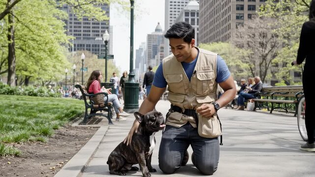 Trainer Teaches French Bulldog Tricks in Urban Park Setting