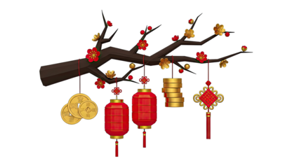 Chinese New Year Decorations: Lanterns, Coins, and Ornaments on a Branch