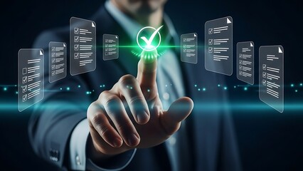 Businessman interacting with futuristic checklist interface