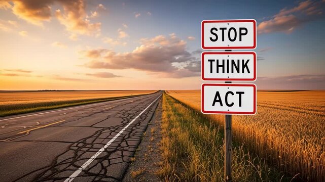 Stop Think Act sign by the road, with the concept of decision making.