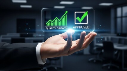 Businessman presenting quality growth and approved icons in modern office