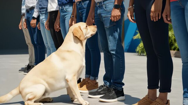 Labrador Sniffs Legs of Multiethnic People Standing in a Row Outdoors