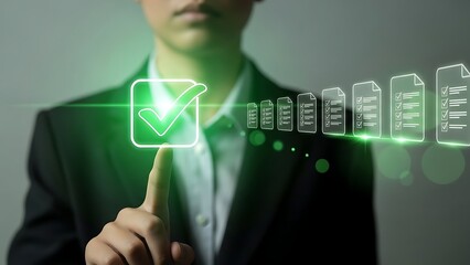 Businessman interacting with digital documents and checkmark interface