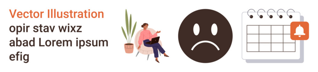 Fototapeta premium Productivity, workplace organization, time management, mental health, digital reminders, scheduling tools. happy face, woman working on a laptop calendar with notification. Productivity