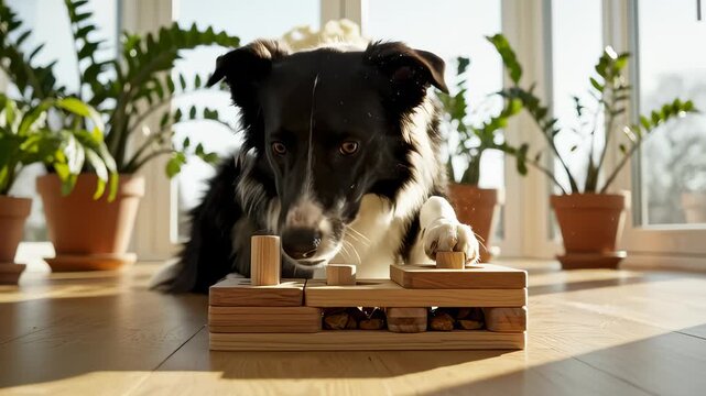 Border Collie Dog Solves Puzzle Toy on Floor Next to Potted Plants