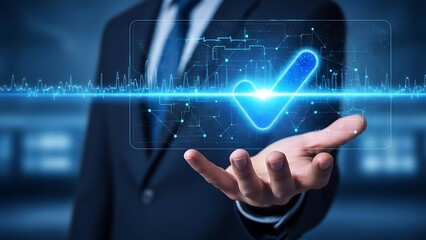 Businessman interacting with glowing blue checkmark in futuristic interface