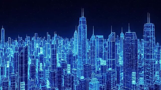 An illuminated cityscape for concept of futuristic building and modern technology.