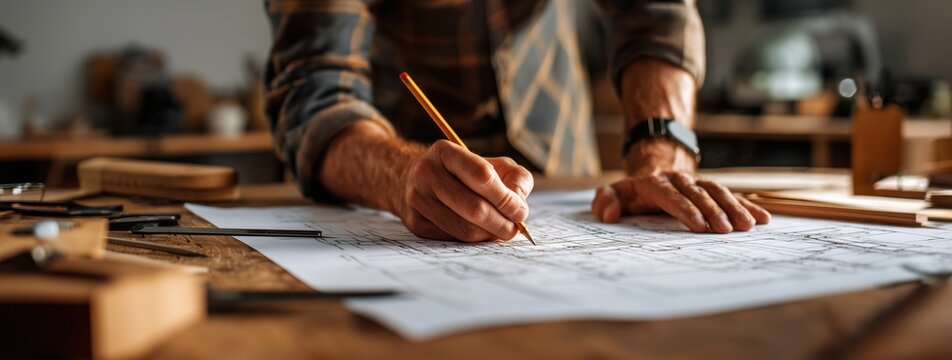 close-up of hands drawing on paper with a pencil, construction blueprints, and carpentry tools in the background Generative AI