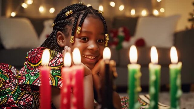 Smiling young Black girl wearing African pattern dress looking at glowing Kinara candles during Kwanzaa celebration. Festive Kwanzaa celebration with joyful child and traditional decor.