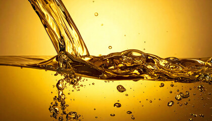 黄金色に輝く液体のスプラッシュ。高級感とエネルギーを感じる抽象背景。Golden Liquid Splash Abstract Background with Luxury and Energy.