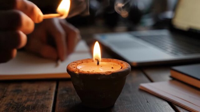 Hand lighting a clay candle with a matchstick on a wooden table