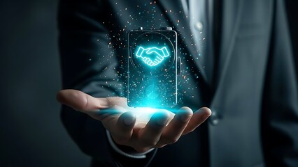 Businessman presenting innovative partnership concept with glowing handshake