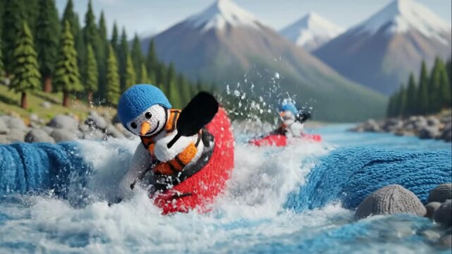 group of Knitted whitewater kayakers snowmen navigate mountain rapids, paddling. Two knitted whitewater kayakers wear blue hats, orange vests, jumping from foamy splashes waterfall