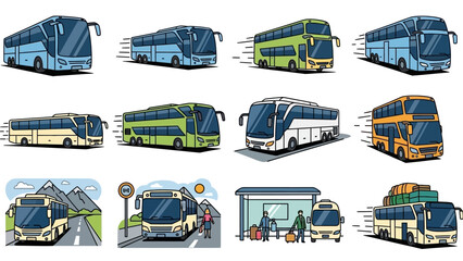 Collection of diverse bus illustrations, showcasing various types and scenarios of public and private transportation.