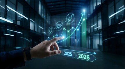 Strategic business development timeline showing growth from 2025 to 2026, hand interacting with glowing virtual graph, icons representing innovation