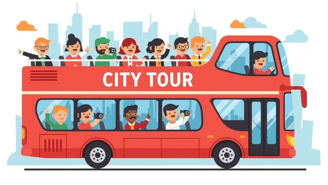A vibrant illustration of a red double-decker city tour bus filled with happy tourists taking photos against a cityscape backdrop.