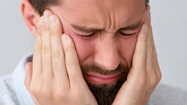 A man with a beard, his face flushed red and contorted in pain, clutches his cheeks tightly.