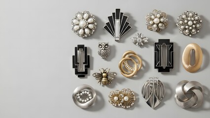 Brooch Jewelry: Vintage and Art Deco Brooch Collection Flat Lay