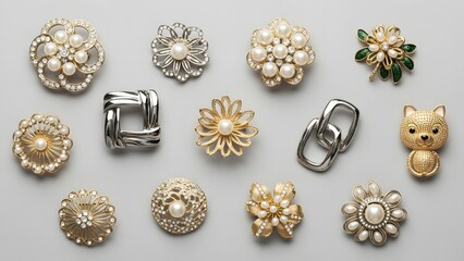 Brooch Jewelry: Pearl and Gold Brooch Set Flat Lay on Gray