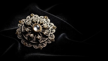 Brooch Jewelry: Ornate Filigree Brooch on Black Velvet Fabric