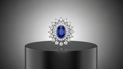 Brooch Jewelry: Sapphire and Diamond Halo Brooch on Black Pedestal