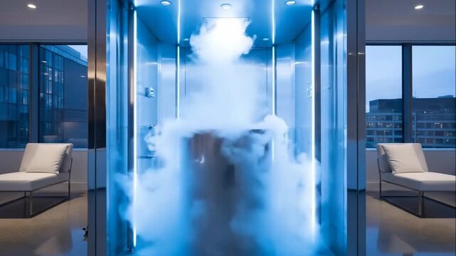 Futuristic cryo bath with cold vapor inside sleek chamber, delivering wellness experience. Cryo bath technology prominent feature modern loft apartment, showcasing advanced health design.