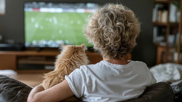An older woman with curly blonde hair sits on a couch with her cat, watching a sports game on television.