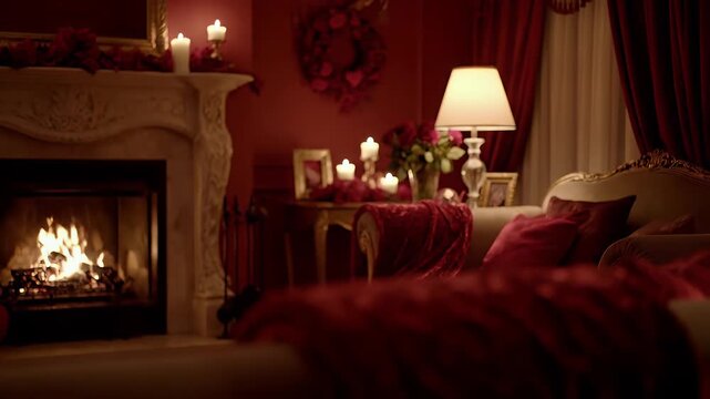 Warm living room with flickering fireplace and soft candle glow for serene Valentine's evening
