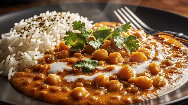 A beautifully plated, steaming dish features a hearty chickpea stew or curry, richly colored in vibrant orange and red tones. It's elegantly garnished with fresh green herbs and a swirl of creamy whit