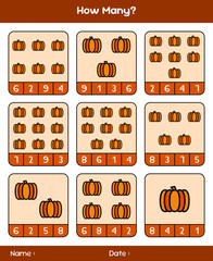 Count the number of vegetables. Educational mathematical game. Counting game for children. Kids activity sheet. Template for how many
