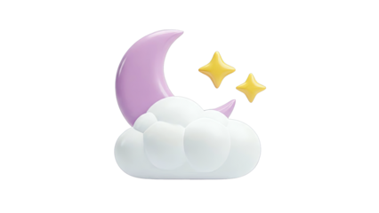 3D Render of Crescent Moon, Cloud, and Stars