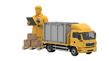 Logistics Worker with Scanner, Truck, and Cargo