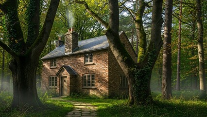 Obraz premium old brick house in forest landscape.
