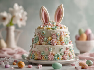 Elegant Easter cake with bunny ears and floral frosting displayed on festive table
