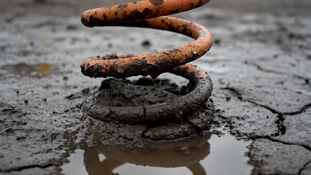 Orange Metal Spring Rises From Cracked Earth After Flood