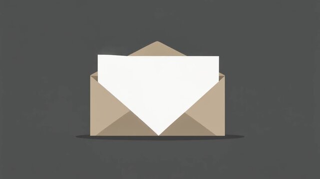A minimalist illustration of an open brown paper envelope with a blank white letter or card inside, set against a dark grey background.