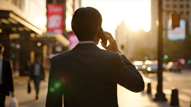 Dynamic urban business call at sunset ai generated imagery generative ai art city environment unique viewpoint