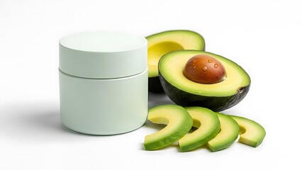 Avocado skincare product in a light green jar with sliced and halved avocados