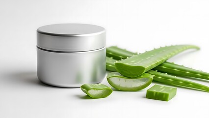 Silver cosmetic jar with fresh aloe vera slices and leaves on a white background