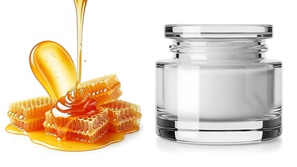 Natural honey and honeycomb dripping onto a cosmetic cream jar on white background